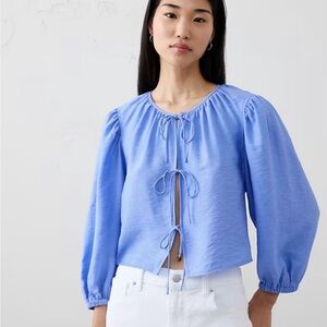 NWT- Banana Republic Sky Blue Tie-Detail Puffy Sleeve Cropped Blouse